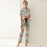 womens 2 piece set pajamas v neck print sleepwear short sleeve nightwear suit female pijama silk satin home clothes