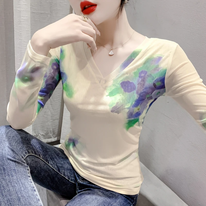 

2023 Fall Winter Mesh T-shirts Female Located Printing Flower Long Sleeve V-Neck T Shirt Women High Stretch Slim Tops Tees