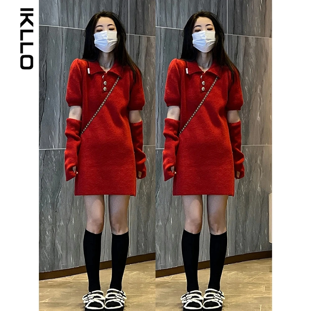 Осень-зима 2023 новогодний халат Красное вязаное платье Рождественская Женская