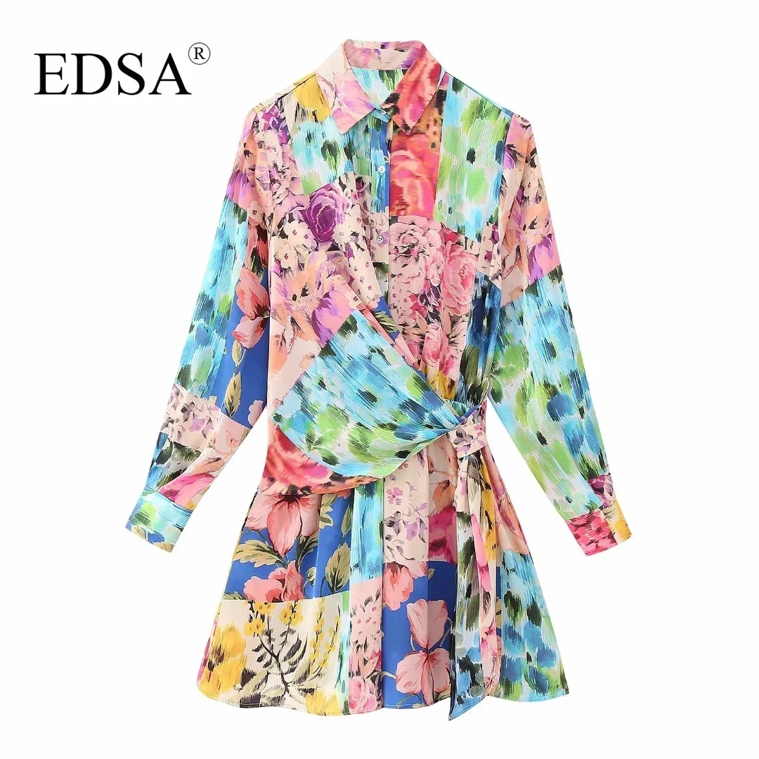 

EDSA Women Elegant Patchwork Print Jumpsuit 2023 Summer Collared Playsuit Long Sleeves Front Knot Elasticated Waistband