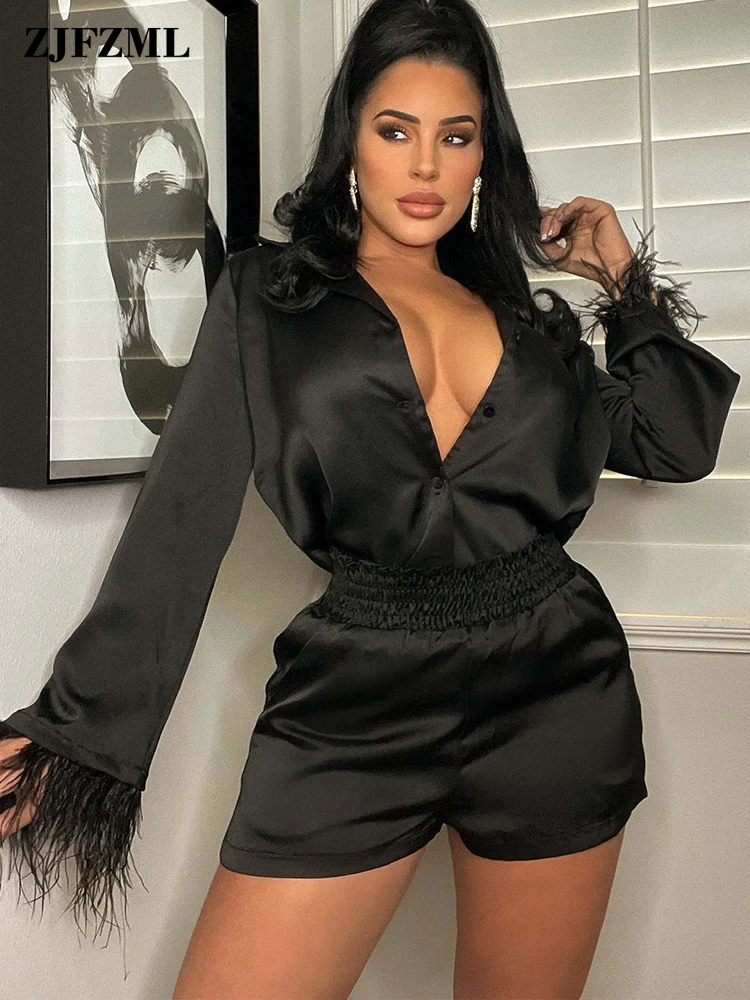 

Smart Casual Women Two Piece Sets Club Outfits V-neck Long Tassel Sleeve Shirts and Elastic High Waist Shorts Women Tracksuit