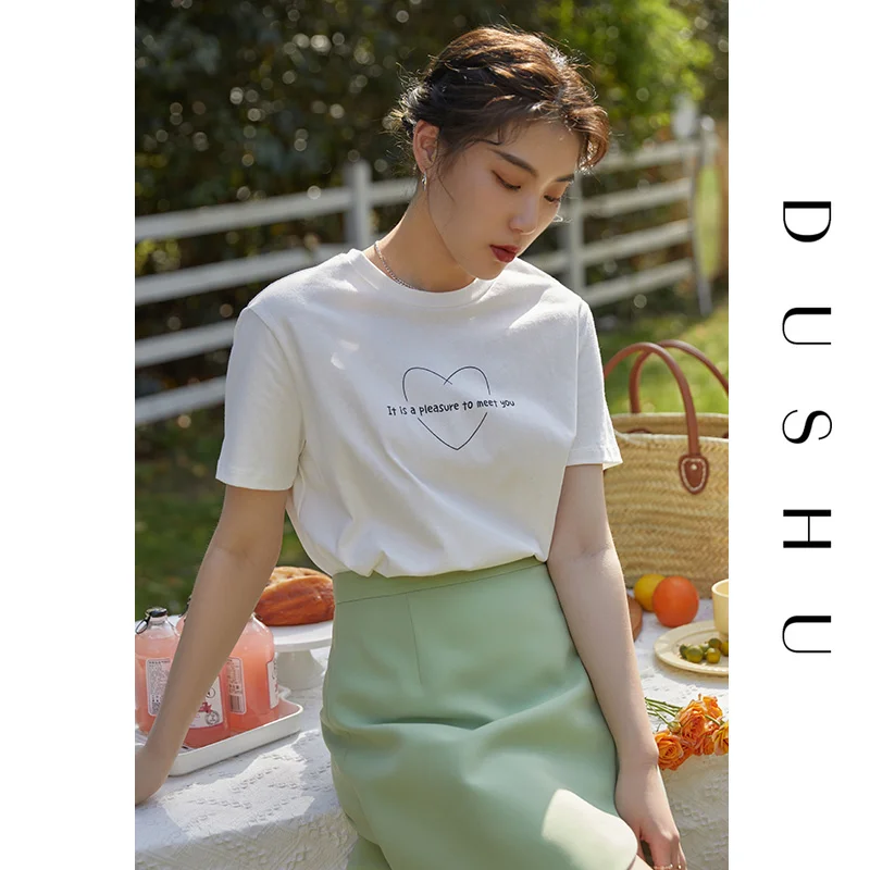 

dinboa-2022 Office Lady 100 Cotton Women Printed T-Shirt O-Neck Short Sleeved Tee 2022 Summer White Tops