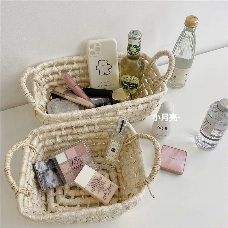 Simple Style Straw Storage Basket Storage Basket Corn Husk Woven Basket Multi-functional Storage Basket For Living Room Bedroom