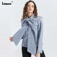 ladiguard women elegant jean denim jacket long sleeved bow tie demin jackets vaqueros mujer 2022 fashion zipper tops outerwear