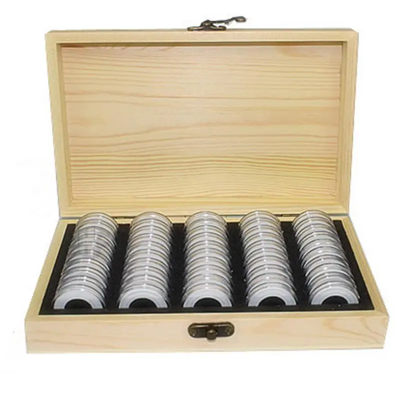 

50 Coin Storage Boxes Round Coin Storage Wooden Case Commemorative Coin Collection Boxes Organizer