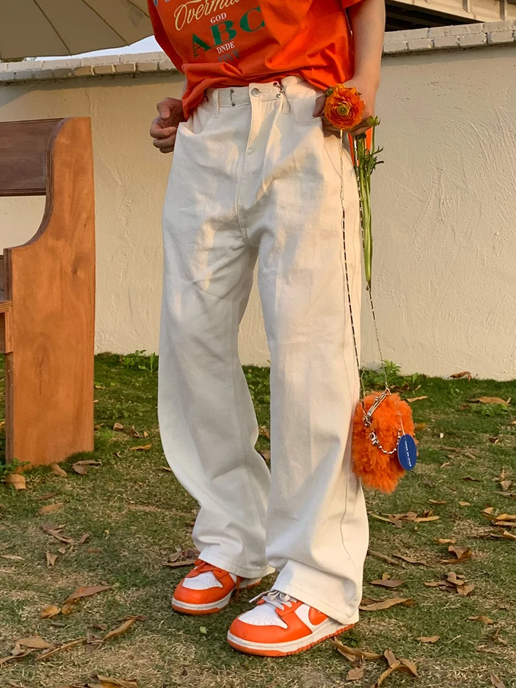 Fashion Men's White Jeans Adjustable Waist Design Men's Pants Loose Jeans Korean Fashion Streetwear Brand Jeans Jeans Aestethic