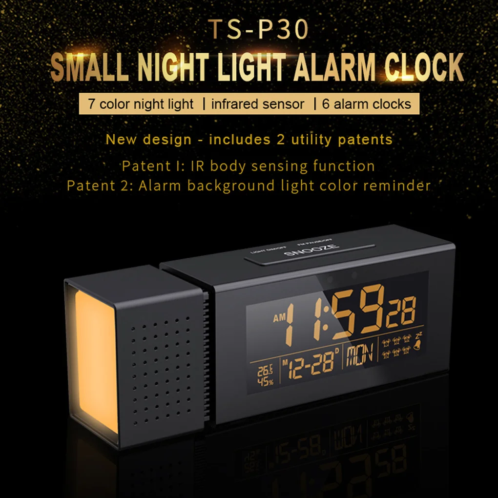 

Цифровые часы со светодиодным экраном и аккумулятором, измеритель температуры и влажности, гигрометр, режим повтора, будильник, радио, комн...