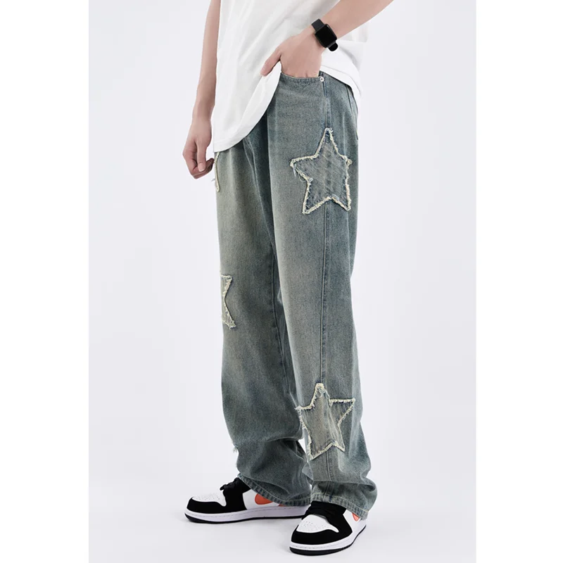 Men's Wear New Pattern Recreational Hip Hop Five Pointed Star Patch Embroidery Comfortable Loose Temperament Jeans Autumn Female