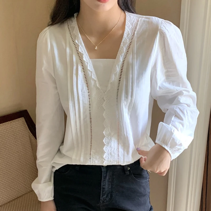 

ZCSMLL Korean Chic Spring Gentle Temperament Square Collar Blouse Lace Decoration Hollow Fold Lantern Sleeve Shirt Women