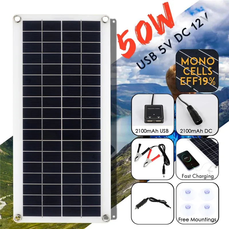 

50W Solar Panel 12V Monocrystalline USB Power Portable Outdoor Solar Cell Car Ship Camping Hiking Travel Phone Charger