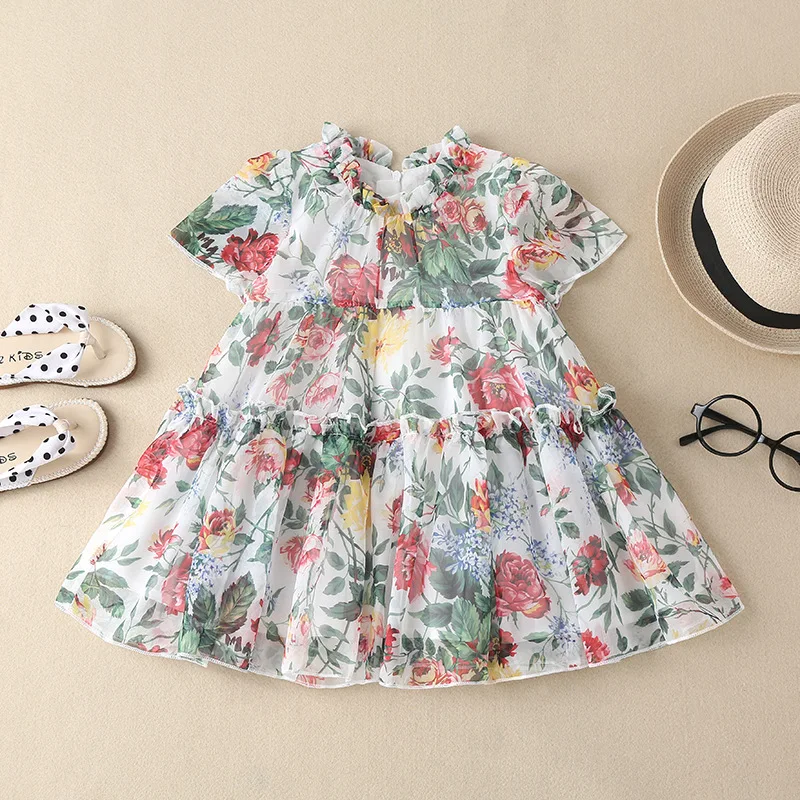 

New Girls' Fashionable Floral Round-neck Dress 2023 Summer Mesh Casual Simple Princess Dress Kids Clothes