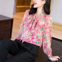 Imitation Silk Shirt V-Neck Lace Up Bow Long Sleeve Blouses Women's Spring New Fashion Printing Temperament Top S-4XL