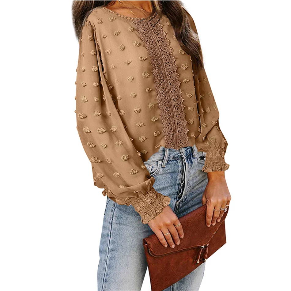 

Spring Autumn Chiffon Women Blouses Elegant Fashion Lace Long Sleeve O-neck Casual Loose Pullover Blouse Hairball