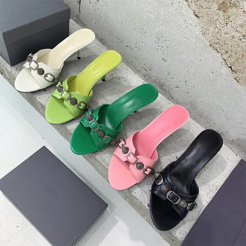 

Summer new punk high-heeled sandals Metal buckle decoration outdoor open toe one word drag Comfortable Wear-resistant sandals