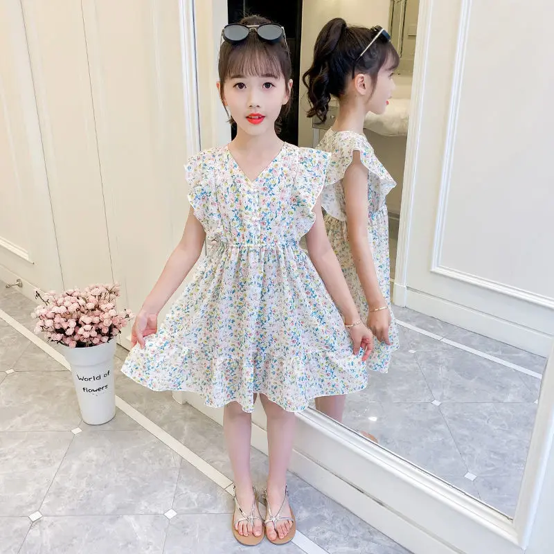 

2022 Summer Girls Dress Chiffon Floral Dresses 5 Student Fashion 10 Kids Girl Party Floral Cute Daily Leisure Dress Small Gift 3