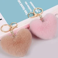 print peach heart shape plush ball key ring love shape hair ball keychain car ornaments lovers heart shaped pendant