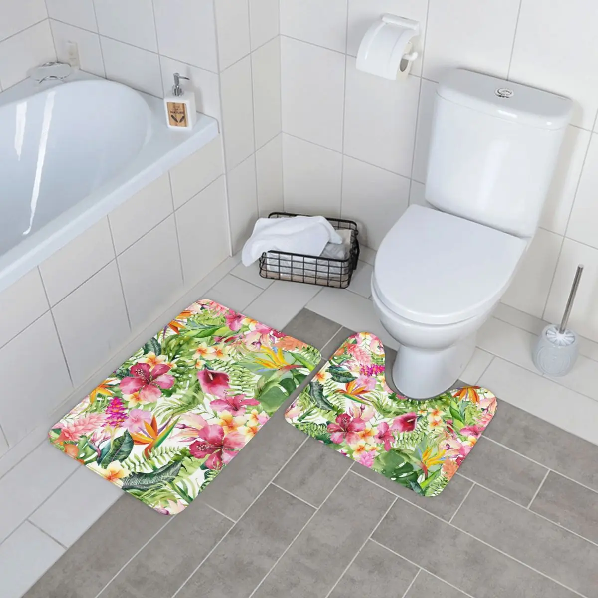 

Bright Flowers Bath Mat Tropical Hawaiian Floral Polyester Shower 2pcs Bathroom Mat Set Soft Vintage Bathroom Rug