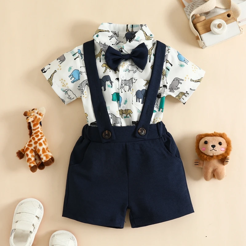 

Listenwind 0-2Y Baby Boys Summer 2Pcs Gentleman Outfits Short Sleeve Bow Tie Shirt Romper + Suspender Shorts Set For Casual