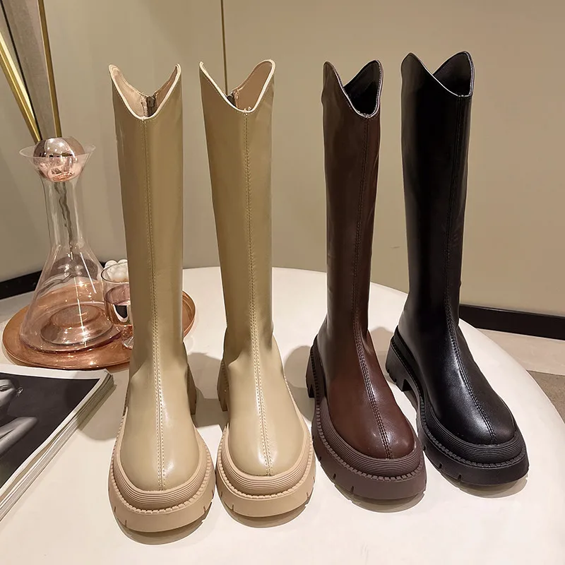 

Женские сапоги на молнии с круглым носком, новинка 2022, сапоги на плоской подошве, сабо на платформе, до середины икры, Лолита, женские сапоги ...