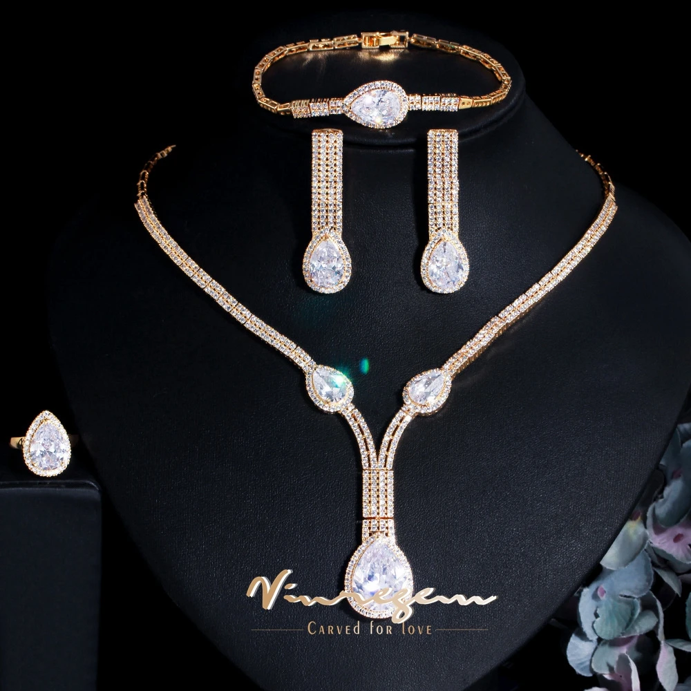

Vinregem Bohemia Pear Cut Synthesis Sapphire Gem Anniversary Ring/Necklaces/Earrings/Bracelets Jewelry Set 4Pcs Gifts Wholesale