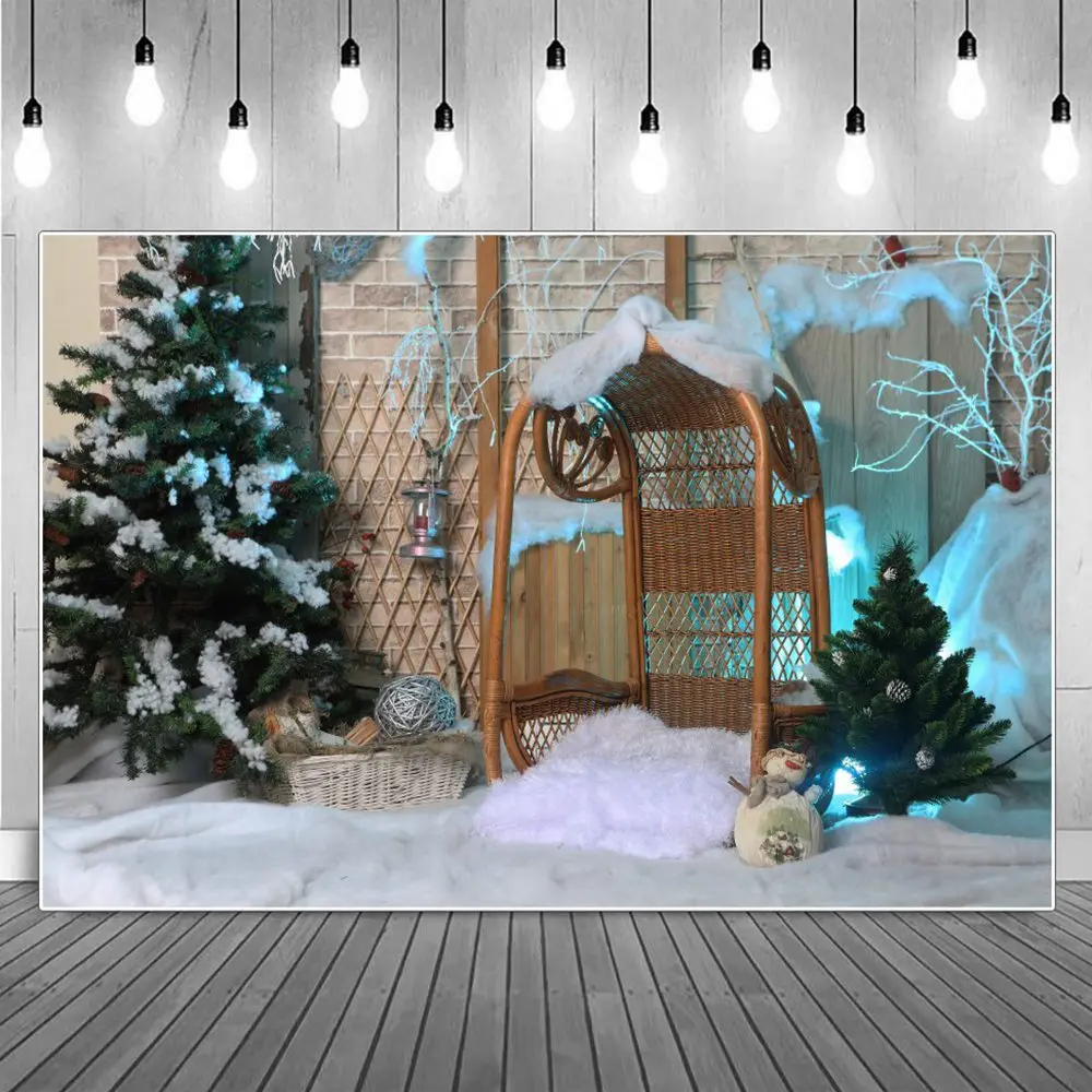 

Garden Christmas Tree Wooden Rocking Chair Decoration Photography Backdrop Light Cabin Plush Cushion Snow Floor Photo Background