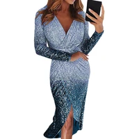 womens long sleeved party sexy tight fitting shiny wrap low waist dress irregular hem formal dress gradient color sequin dress