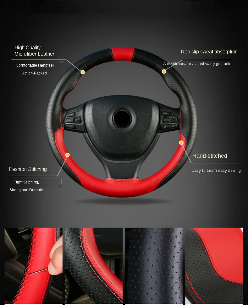 

DIY Hand Sewn Ultra Fiber Leather Sports Car Steering Wheel Cover Four Seasons Universal Handle Glove Car Interior Accessories