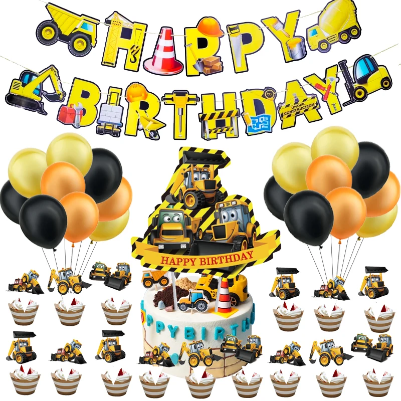 

Excavating Machinery Party Decorations Baby Shower Excavator Theme Disposable Tableware Set Cupcake Banners Flags