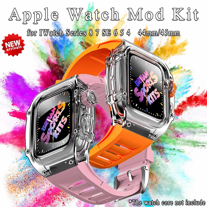 

Luxury Transparent Case Modification Kit for Apple Watch Band 8 7 45mm Watchband for Iwatch Series 7 6 SE 5 4 44mm Rubber Strap
