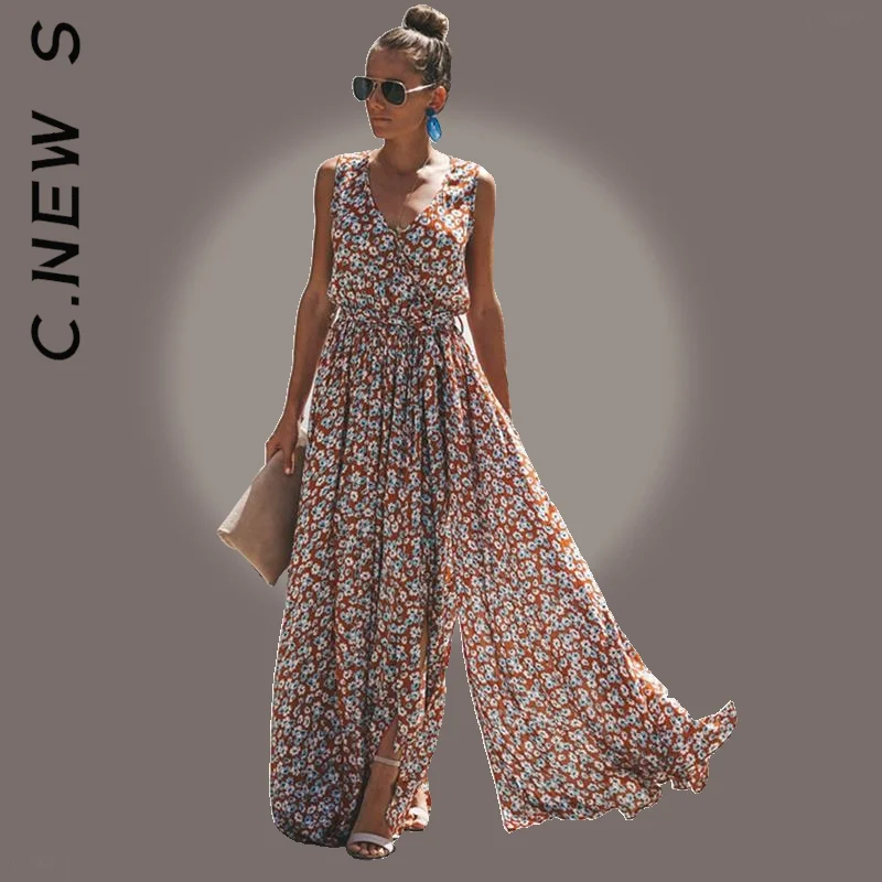 

C.New S New Dress Women Floral Print Maxi Dresses Bohemian Hippie Beach Long Dresss Popular Basic Streetwear Female Dresses