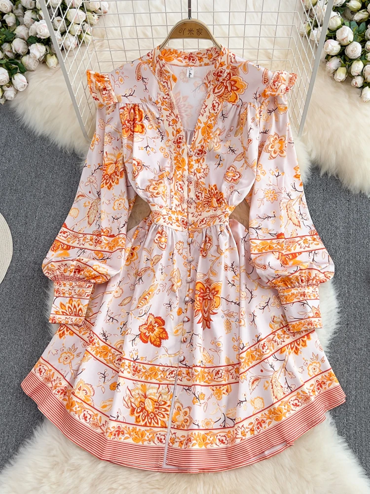 

FMFSSOM Women Vintage V-Neck Ruffle High Waist Slim Lantern Sleeve Dress Fashion Casual Printed Single Breasted A-Line Dresses