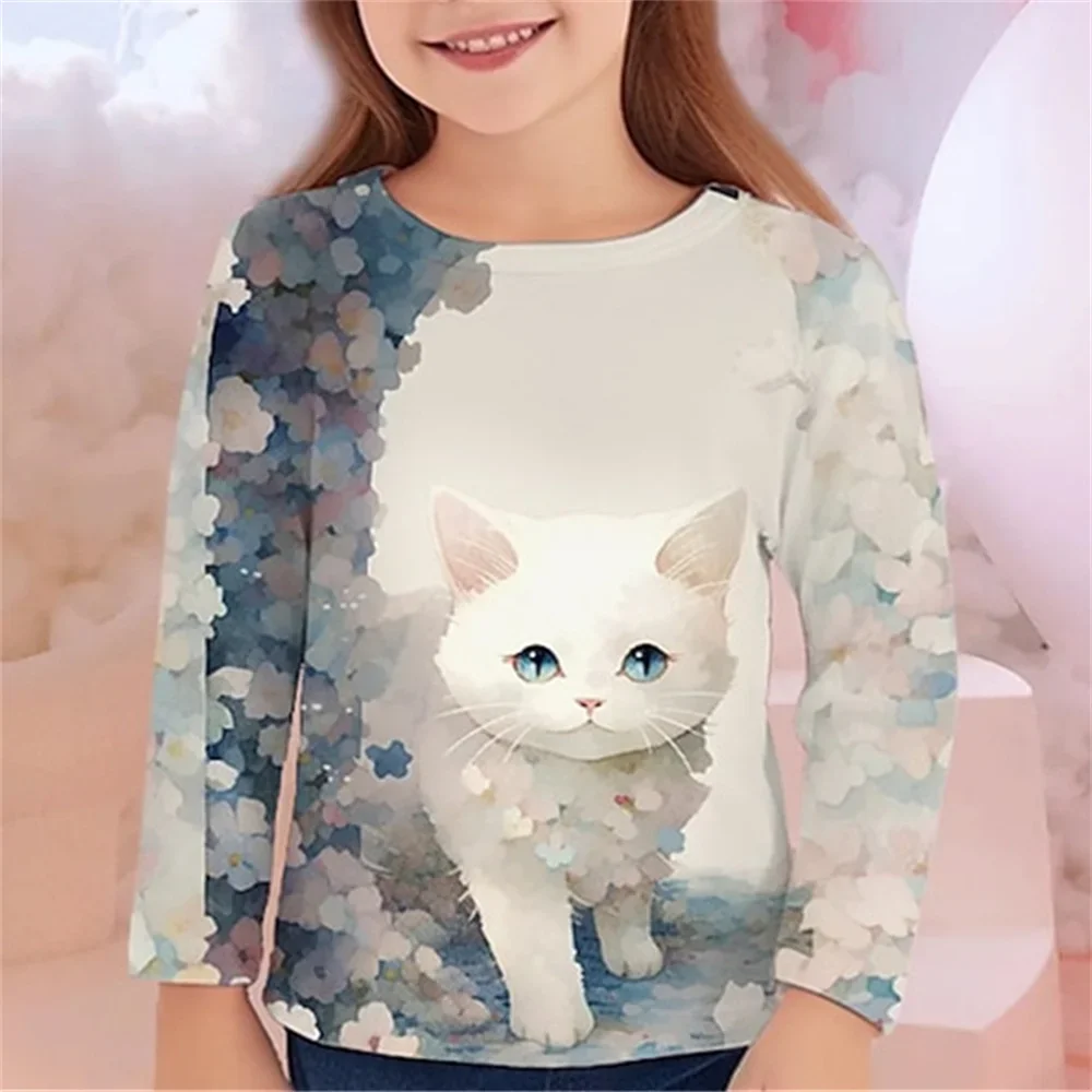 T-shirt w stylu casual z nadrukiem zwierzęcym dla dziewczynek jesień 2023 długim rękawem 3D