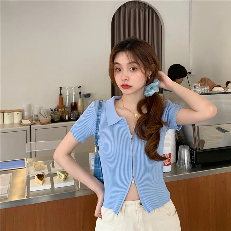 

Zip-up Cardigan Sweater Autumn Spring Korean Style Rib Knitted V Neck Solid for Women Casual Office Lady Slim Cropped Tops