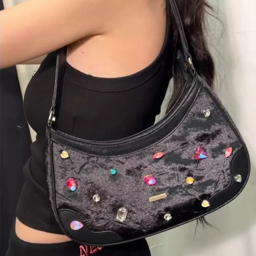 

Y2k Faux Diamond Underarm Bag for Women Retro Velvet Hot Girls Small Shoulder Bags Fashion Female Evening Party Purses Handbags