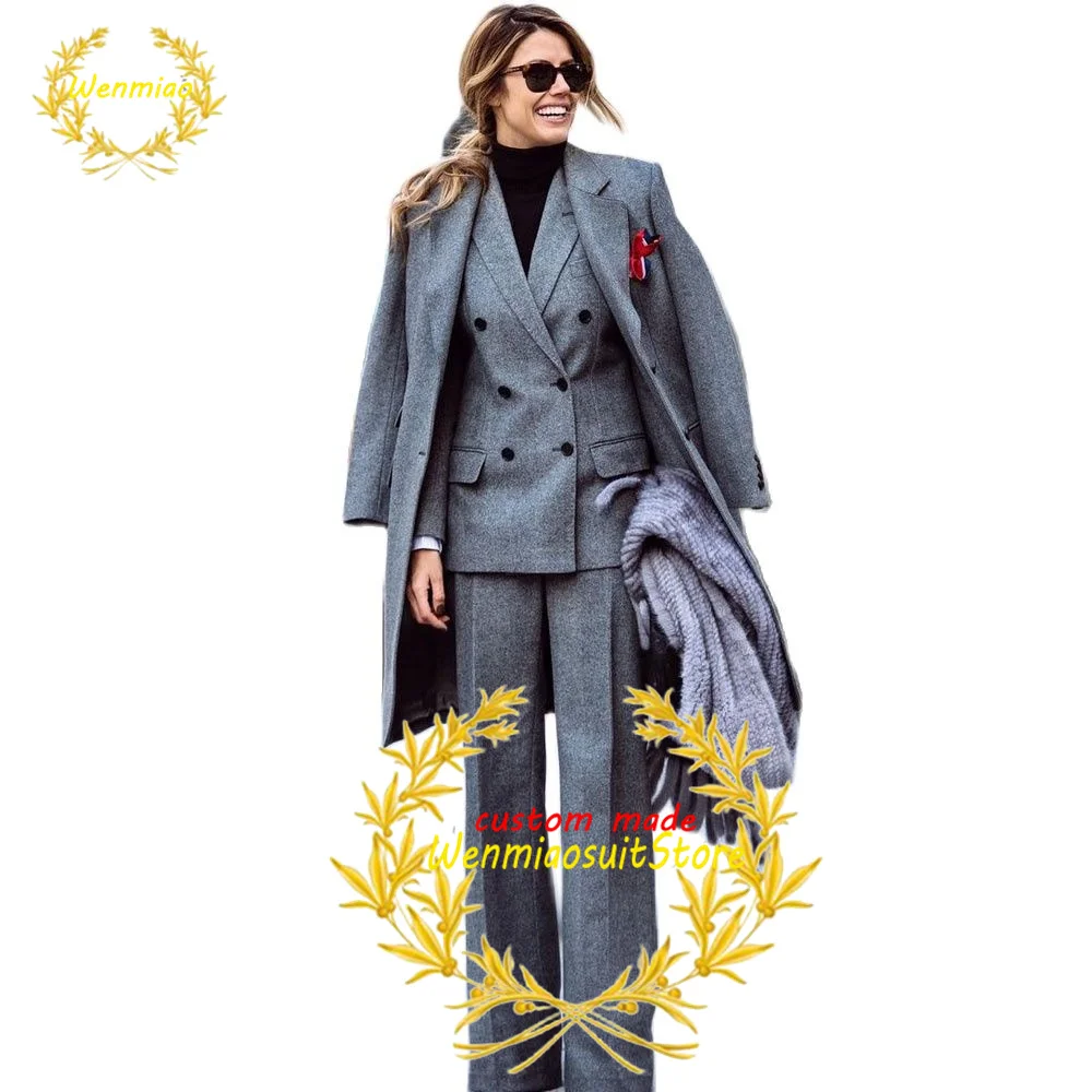 Women Suit Winter Wool Three Piece Woolen Coat Formal Workwear Ladies Office Business Jacket Pants Slim Fit Outfit