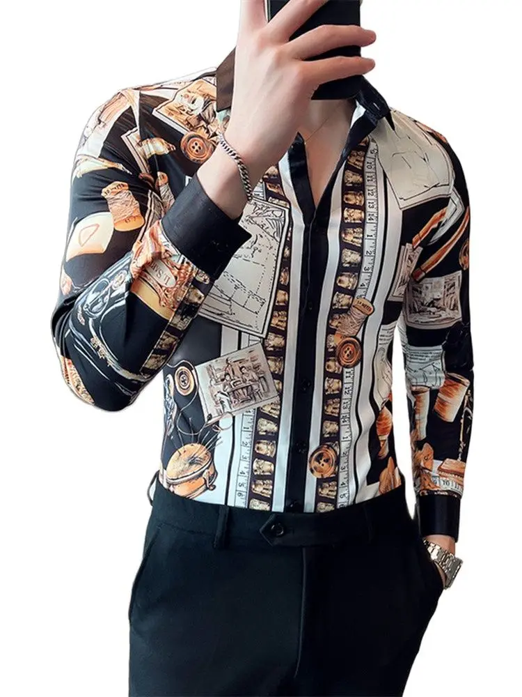 

Men's Spring and Autumn Slim Casual Shirts Digital Printing Pattern Painting Long-sleeved Lapel Single-breasted Stretch Shirt