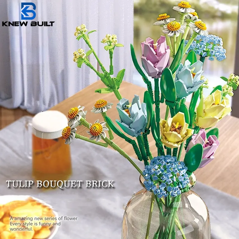 

KNEW BUILT Creative Assembly Flower Mini Building Blocks Children Toys Plant Bouquet 3D Model Bricks Home Decoration Girls Gift