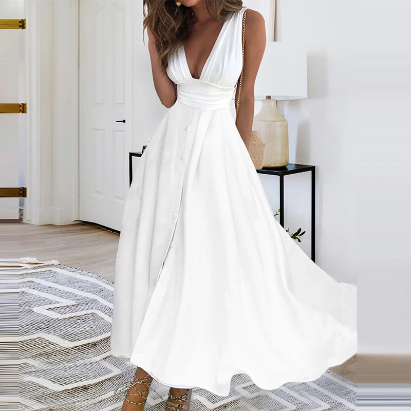 

Elegant Casual Sleeveless High Waist Party Dress Summer V Neck Solid Color Long Dress Female Temperament Slim Draped Split Dress