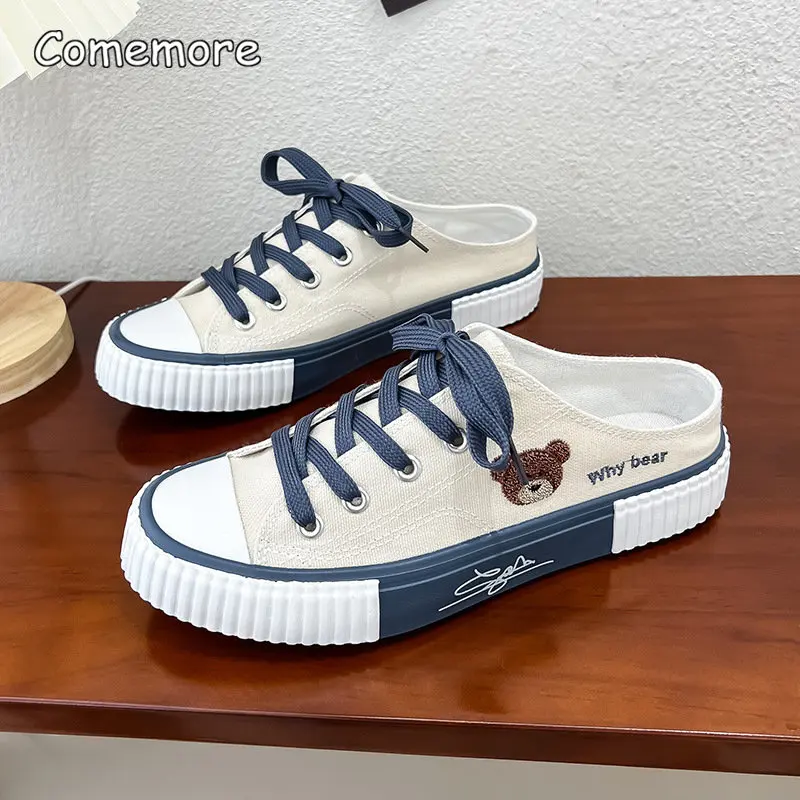 

Comemore Spring Women Cute Bear Canvas Shoes Flat Casual All-match Half Slippers Korean Version Lace Up Ladies Vulcanized Shoe