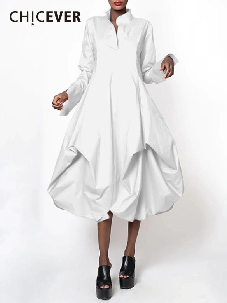 

CHICEVER темпераментные складные платья для женщин с воротником-стойкой, длинным рукавом, высокой талией, тонкое однотонное винтажное ТРАПЕЦИЕВИДНОЕ весеннее платье для женщин