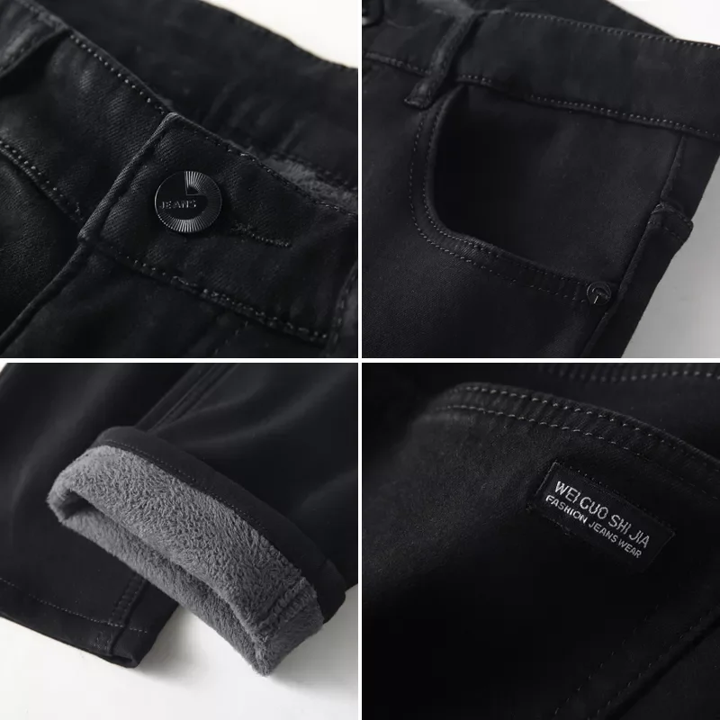 2022New Size 42 Men Warm Thick Jeans 2022 Winter New Style Business Fashion Slim Fit Stretch Black Jean Trousers Brand Pants