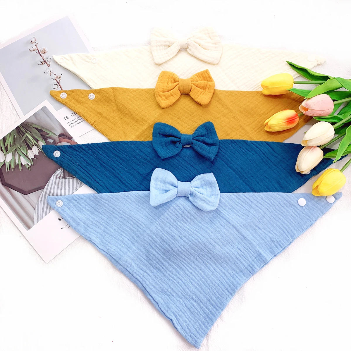 2Pcs/Set Baby Solid Color Cotton Muslin Bib Bow Hair Band Set Newborn Slabber Absorbent Burp Cloth Scarf Saliva Towel Stuff - купить по