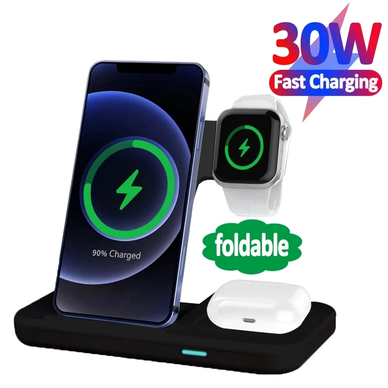 30W Qi Wireless Charger Stand For iPhone 13 Samsung 3 In 1 Qi Fast Charging Dock Station for Airpods Pro Watch