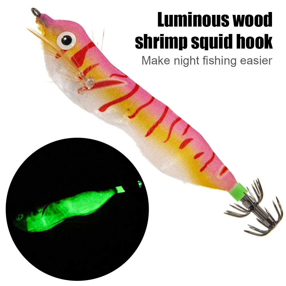 

103mm LED Luminous Artificial Wood Shrimp Bait with Squid Jigs Hook Lifelike Simulation Fishing Lures Tackle with Ringing Beads