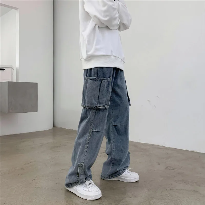 DEEPTOWN Vintage Cargo Jeans Men Baggy Pocket Trousers Male Streetwear Straight Denim Pants Blue Hip Hop Loose Casual Spring