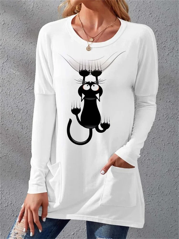 Купи Cartoon Cat Print Pocket Vintage T-Shirt Female Clothing Fashion Autumn Tunics Basic Tops Women 2022 Long Sleeve Dress T Shirt за 570 рублей в магазине AliExpress