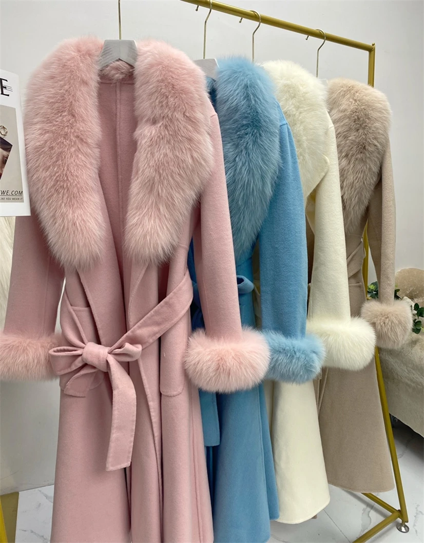 Real Fur Coat Winter Jacket Women Natural Fox Fur Collar Cashmere Wool Blends Long Elegant Outerwear Ladies Fashion Streetwear enlarge