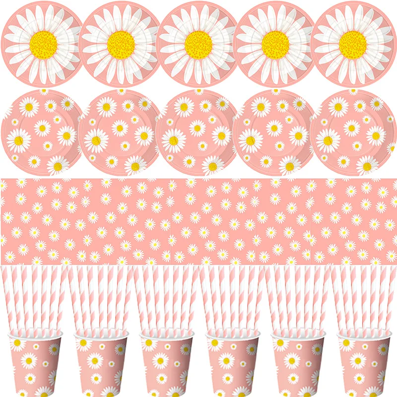 Посуда на тему ромашек день рождения скатерть бумажные тарелки салфетки чашки