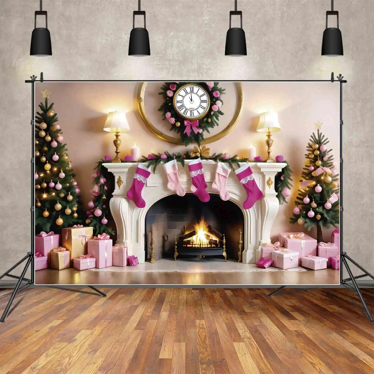 

MOON.QG Backdrop Pink Christmas Fireplace Photozone Backgrounds Novelty Ornaments Decorations for Home Photography Accessories