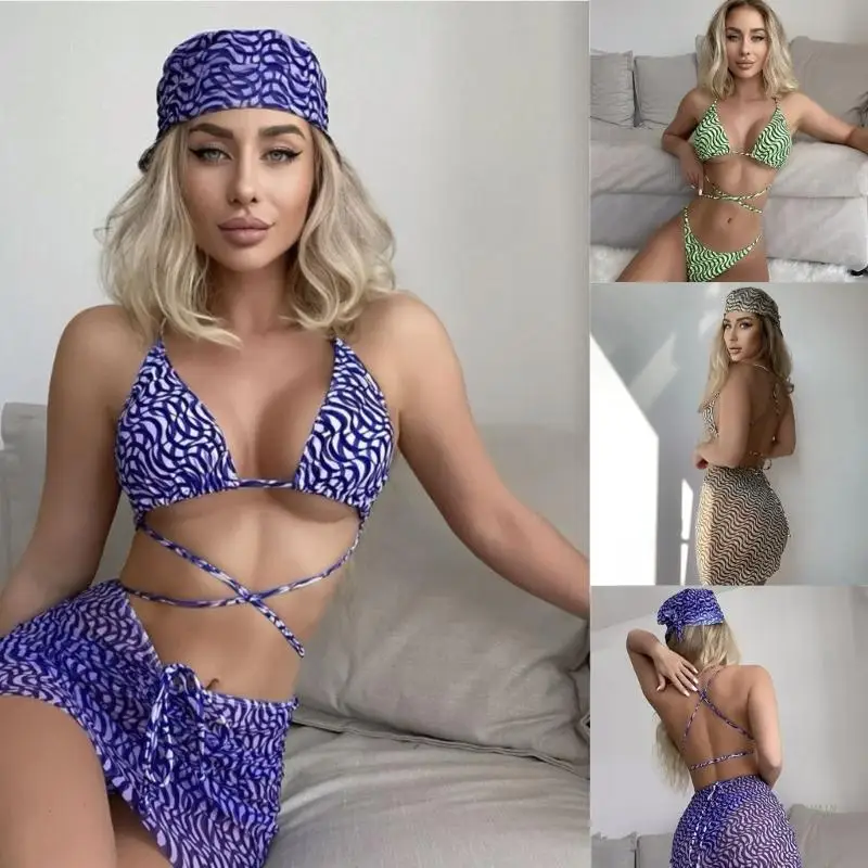 

3 Pieces Criss Swimsuit for Women Printed Bathing Suit Sexy Halter Bikinis